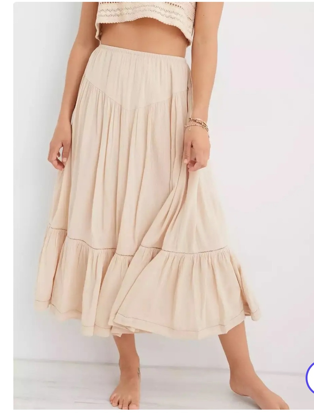 Aerie V-Yoke Woven Tiered Peasant Midi Skirt Beige Tan Cotton Gauze Boho